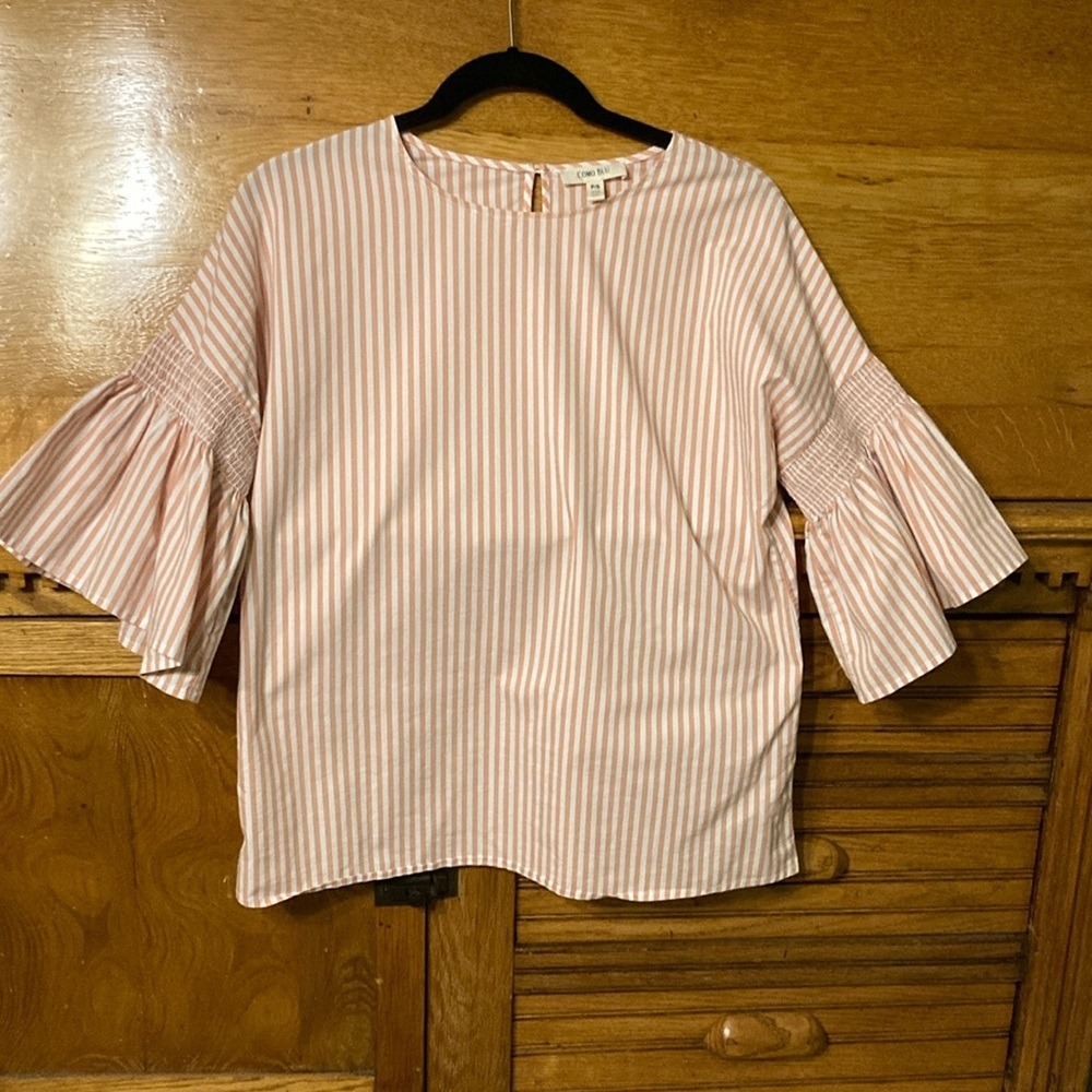 Como Blu Preppy Boho Chic Striped Smocked Bell Sleeve Blouse Top Small Feminine